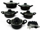 Ver imagem 1 de Conjunto de Caçarola 5 Peças para Sua Cozinha Antiaderente com Tampa de Vidro e Talheres Cor: Preto