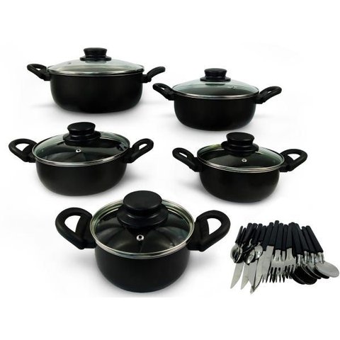Conjunto de Caçarola 5 Peças para Sua Cozinha Antiaderente com Tampa de Vidro e Talheres Cor: Preto