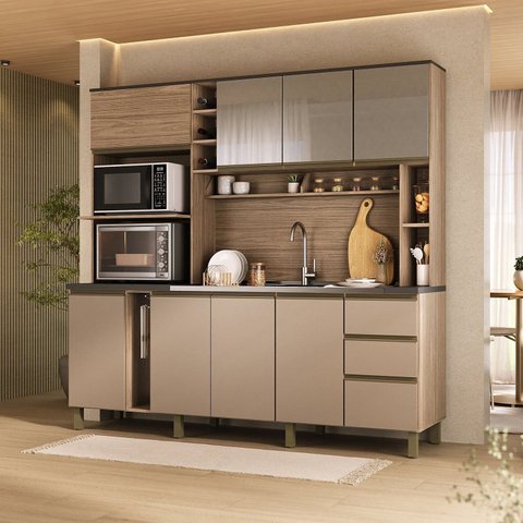 Cozinha Compacta 205cm MDF 1,5cm com Portas de Vidro Érica Marrom/Champagne/Rosé