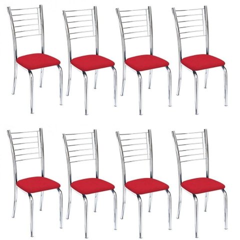 Kit 8 Cadeiras de Jantar Lara Cromada para Cozinha Assento Corino Vermelho - Aurora Line