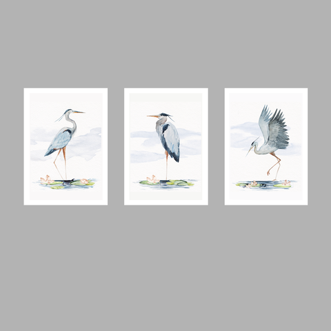 Tríptico - Quadros Decorativos Garça Aquarela Grande:Branco