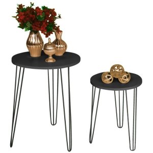 Kit Mesa de Apoio e Lateral Canto Redonda Tampo MDF Preto Pé de Ferro Metal Preto Hairpin