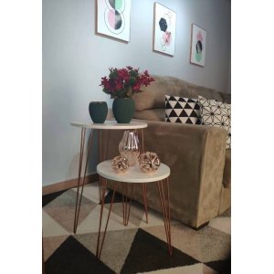 Kit Mesa de Apoio e Lateral Canto Redonda Tampo MDF Branco Pé de Ferro Metal Rosê-Cobre Hairpin