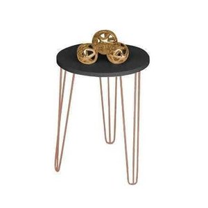 Mesa de Apoio e Lateral Canto Redonda MDF 35cm Pé de Ferro Metal Hairpin: Tampo Preto Pé Rosê-Cobre