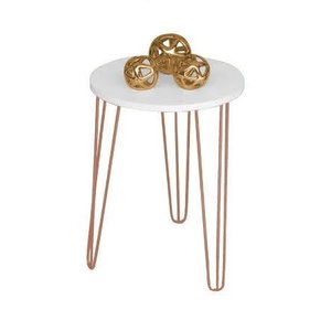 Mesa de Apoio e Lateral Canto Redonda MDF 35cm Pé de Ferro Metal Hairpin: Tampo Branco Pé Rosê-Cobre