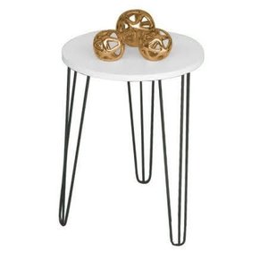 Mesa de Apoio e Lateral Canto Redonda MDF 35cm Pé de Ferro Metal Hairpin: Tampo Branco Pé Preto