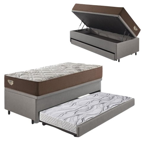 Bicama Box Baú com Courino Linho Cinza 120x203 com Colchão Relax Adorabile Molas Ensacadas Ecoflex