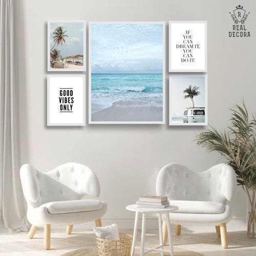 CONJUNTO KIT 5 QUADROS DECORATIVOS PRAIA AZUL E BRANCO FRASES GOOD VIBES - 1