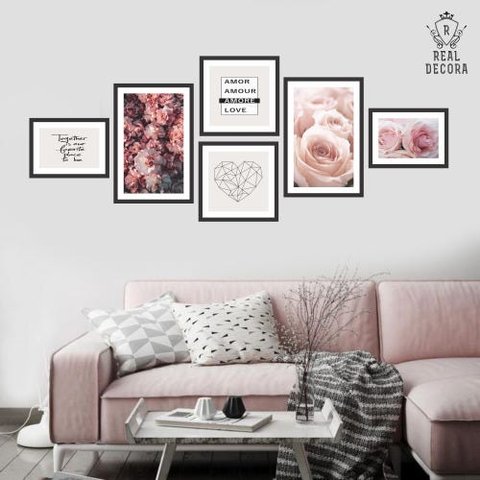 Conjunto Kit 6 Quadros Decorativos Floral Romantico Preto e Rosa Frases Spiring