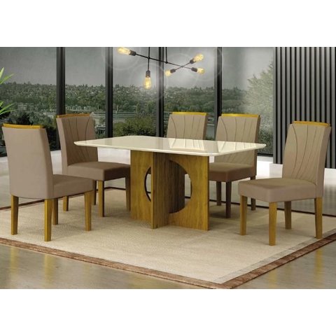 Mesa Lorena 1,60 Freijó/decor Tampo Off C/vidro 6 Cadeiras