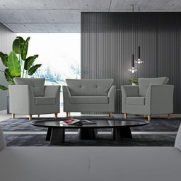 Kit Sofá Namoradeira e 02 Poltronas para Sala Decorativa Isis Suede Cinza Visan Estofados - 1