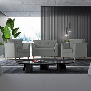 Kit Sofá Namoradeira e 02 Poltronas para Sala Decorativa Isis Suede Cinza Visan Estofados