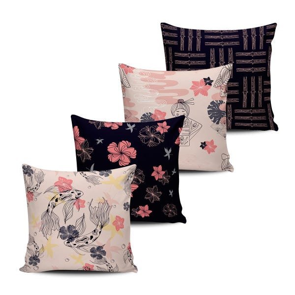 Kit 4 Capas Almofadas decorativa Carpas Motivos Japoneses - 1