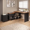 Ver imagem 1 de Kit Home Office Completo Escrivaninha Mesa Escritório em L Gold com Gaveteiro Preto/Freijó Artany