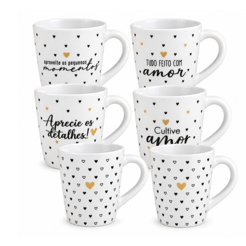 Jogo 6 Canecas de Porcelana 150ml Mini Corações e Frases Preto e Dourado Prime