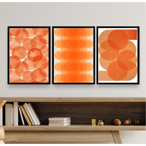 Kit 3 Quadros Decorativos Minimalistas Abstratos Laranjas 33x24cm:madeira Branca