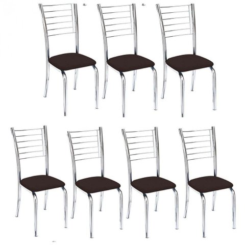 Kit 7 Cadeiras de Jantar Lara Cromada para Cozinha Assento Corino Marrom - Aurora Line