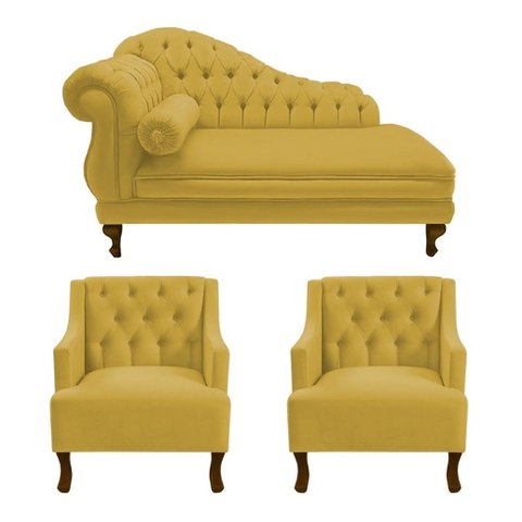 Divã Larissa 160 cm e 2 Poltronas Genesis Suede Amarelo