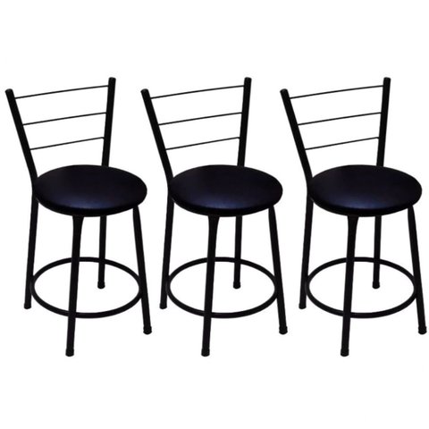 Kit 3 Banquetas Baixas Preta com Encosto Assento Preto