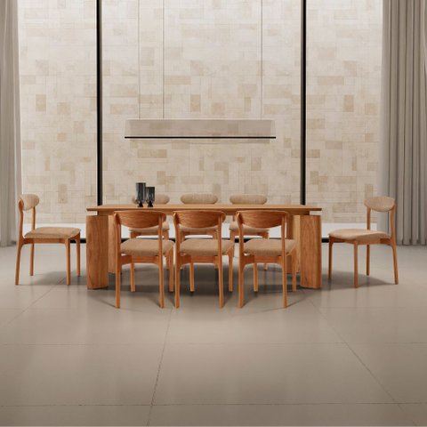 Sala de Jantar Mesa Nala 220cm Tampo Laminado Canto Moeda com 8 Cadeiras Noronha