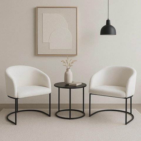 Kit com 2 Poltronas Mavie com Base Fixa em Aço Carbono Preto Fosco – Exclusiva Linho Aveludado Branc