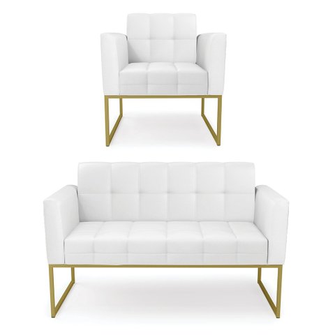 Kit 1 Sofá Namoradeira e 1 Poltrona Elisa Corino Base Metálica Industrial Dourado - D'Rossi Branco