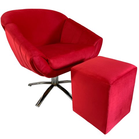 Kit Poltrona Giovana Giratória Cromado, Puff Quadrado e Almofadas em Sued Premium:vermelho