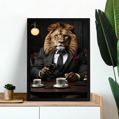Quadro Leão Tomando Café 24x18cm - com Vidro:moldura Branca