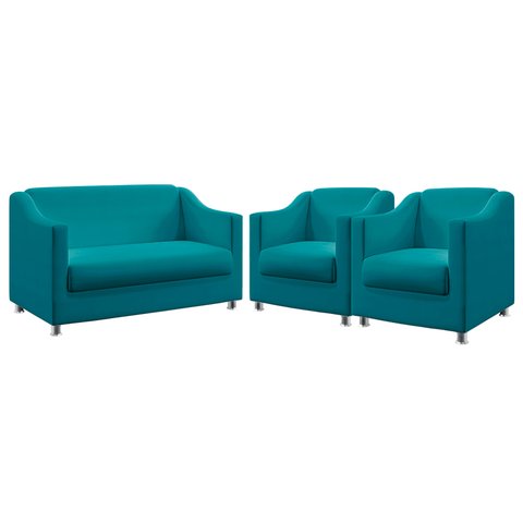 Kit Poltrona Namoradeira e 2 Poltronas Alya Suede Azul Turquesa Aradecor