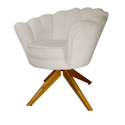 Kit 2 Poltronas Estofada Com Base Giratória de Madeira Pétala Suede Bege - LM DECOR