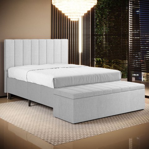 Cabeceira Nashira e Calçadeira Navi 160 para Cama Queen N-040 Linho Cinza Claro Aradecor