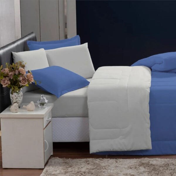 Kit Edredom 200 Fios Italiano 100% algodão 6 peças Dupla Face Casal Queen Casa Dona Azul Off White - 2