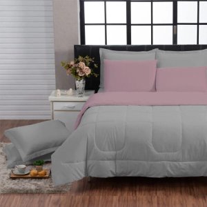Kit Edredom 200 Fios Italiano 100% algodão 6 peças Dupla Face Casal Queen Casa Dona Cinza Rosa