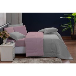 Kit Edredom 200 Fios Italiano 100% algodão 6 peças Dupla Face Casal Queen Casa Dona Cinza Rosa - 6