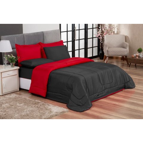 Jogo de Cama Primor Queen Kit 6 Pçs Preto e Vermelho Casa Dona