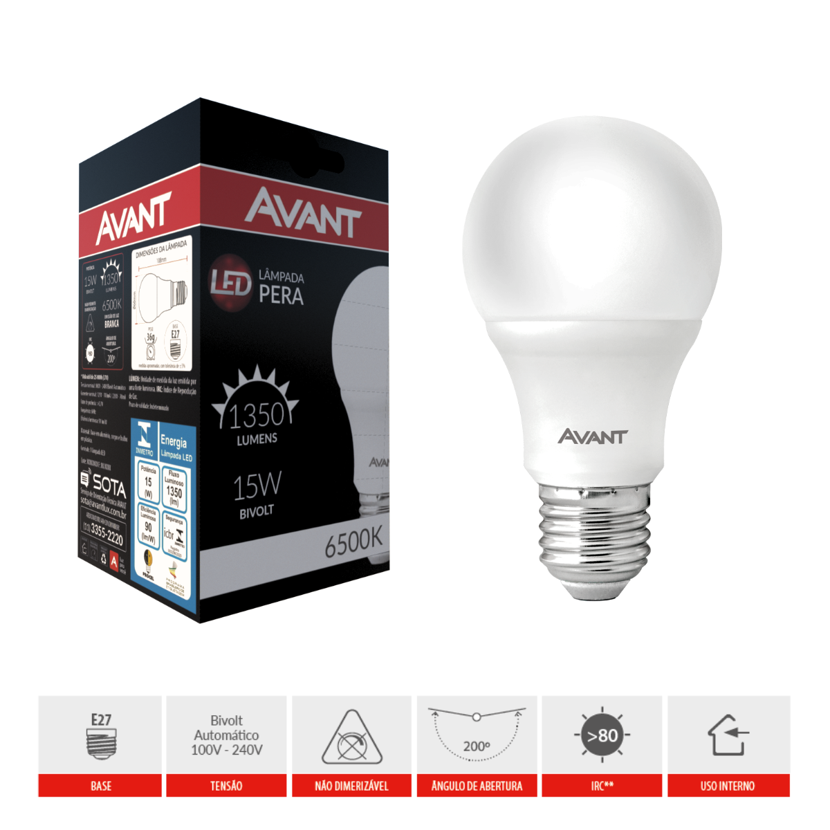 Lâmpada Pera Led, 15w, Luz Branca 6500k, Soquete E27, Bivolt, Avant - 6