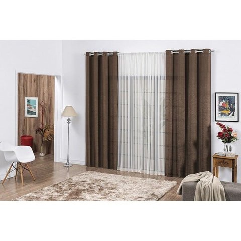 Cortina Valentina Sala Quarto Cetim com Voil 170x200 Tabaco Casa Dona