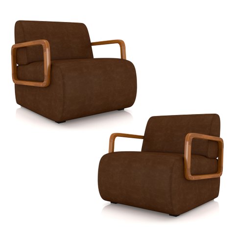 Kit 2 Poltronas Decorativa Sala de Estar Odessa Braços em Madeira Pu Marrom G33 - Gran Belo