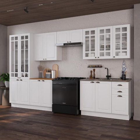 Armário de Cozinha Modulada Completa Fidelitá Nara 100% MDF 6 Peças 360cm 16 Portas 2 Gavetas sem