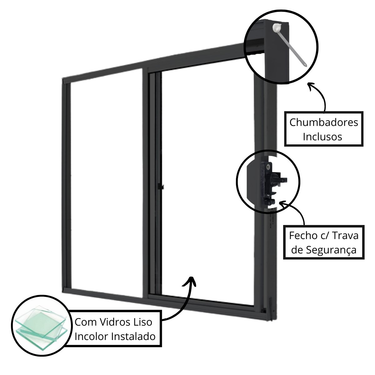 Janela de Alumínio Preto | Vitro de Correr 2 Folhas | Linha Fortline | Atlântica:A=0,80m x L=1,00m - 4