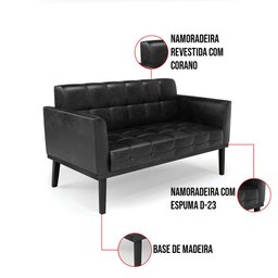 Sofá Namoradeira 2 Lugares Base de Madeira Preto Elisa Corano Preto D03 - D'rossi - 6