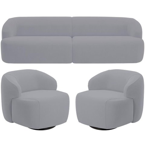 Sofá 3 Lugares Curvo Orgânico com 02 Poltronas Living 250cm Barolo L06 Veludo Cinza