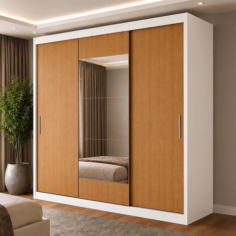Guarda-Roupa 100% MDF 3 Portas de Correr 4 Gavetas com Espelho 193x213x55cm Cinamomo/Branco