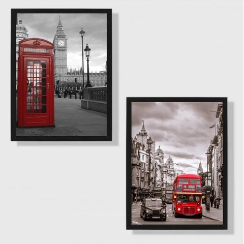 kit 2 Quadros Fotografias Londres 24x18cm - com vidro:Madeira branca