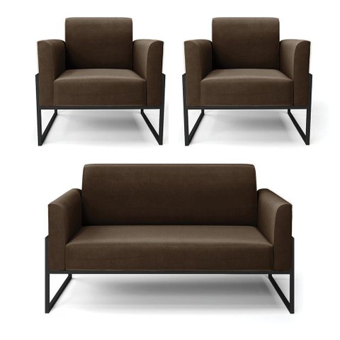 Sofá Namoradeira com 2 Poltronas Base Industrial Alta Preto Marisa Suede Marrom D03 - D\'rossi