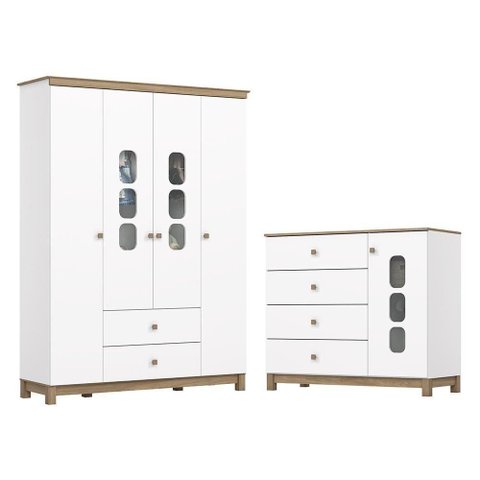 Jogo de Quarto Infantil Aconchego com Guarda Roupa e Cômoda Branco/jequitibá - Móveis Henn Branco