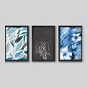 Conjunto de 3 Quadros Floral Geométrico Azul - 3 Quadros 30x20cm - Moldura Padrão Branco - 1