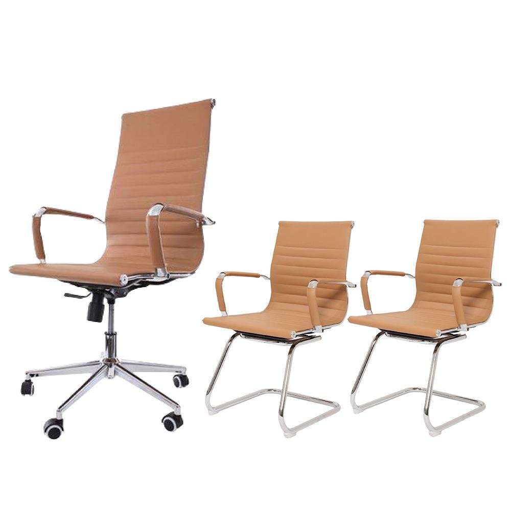 Kit Conjunto Cadeira de Escritório Presidente Eames Eiffel + 2 Cadeiras Interlocutor Fixas - 1