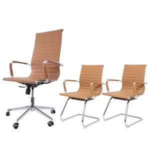 Kit Conjunto Cadeira de Escritório Presidente Eames Eiffel + 2 Cadeiras Interlocutor Fixas