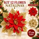 Ver imagem 1 de Kit 12 Flores Enfeite Artificial Glitter 17cm Decoração Árvore de Natal Vermelho e Dourado Luvinco